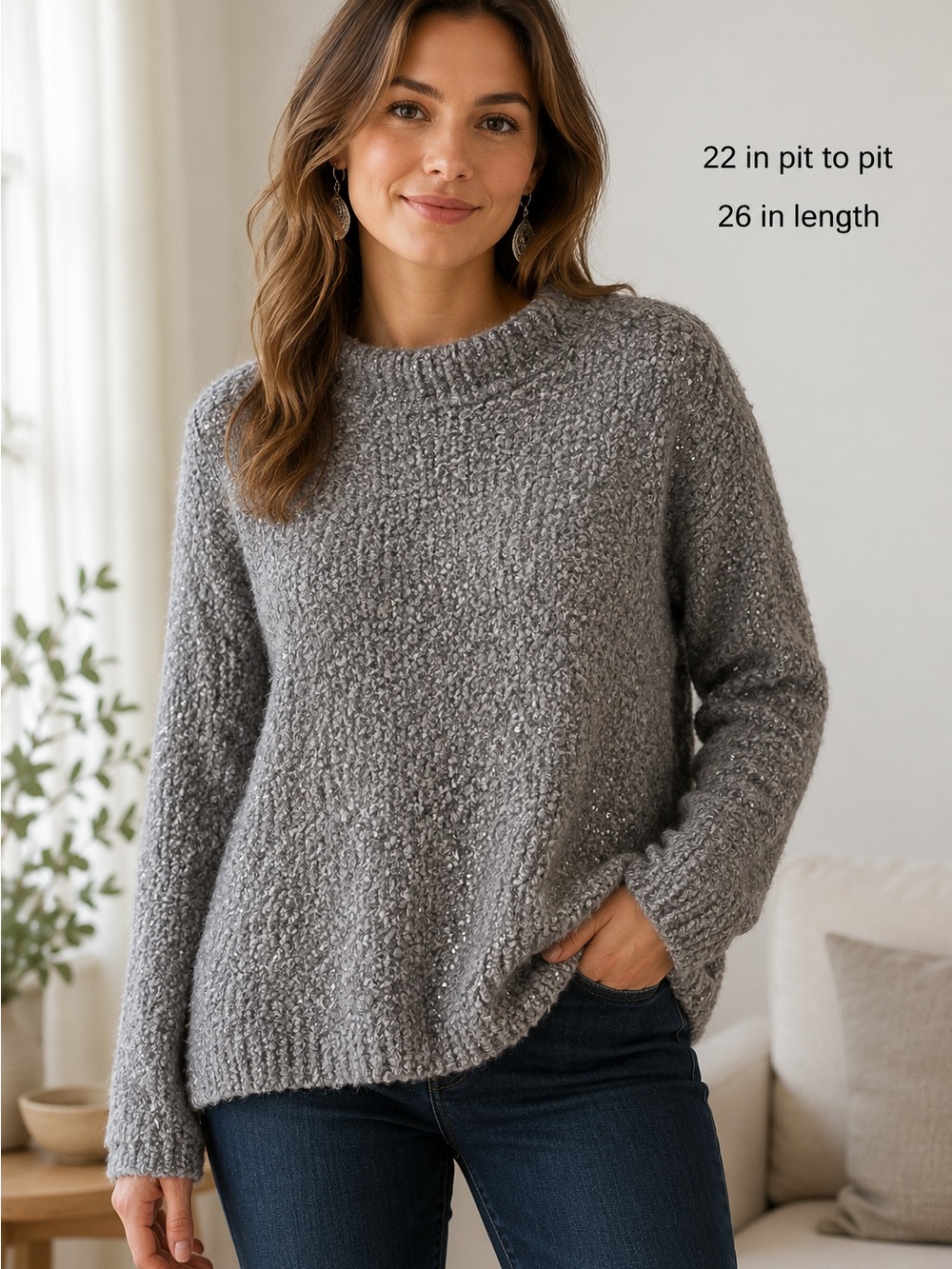 Soft Surroundings Glistening Pullover Medium Gray Silver Sequin Lined Sweater